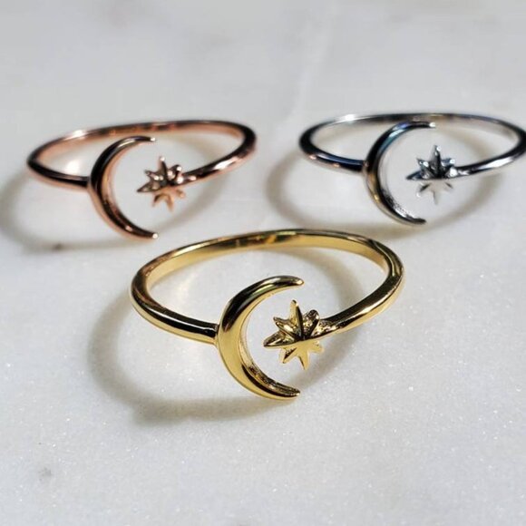 Moon Star Ring, Thin Crescent Moon Ring, Sterling Silver Women Ring, Boho Chic, - Picture 7 of 10